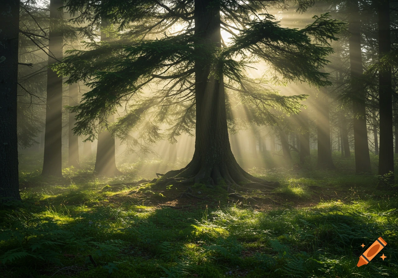 Sunlight streams through the canopy of a majestic evergreen tree in a misty, lush green forest.