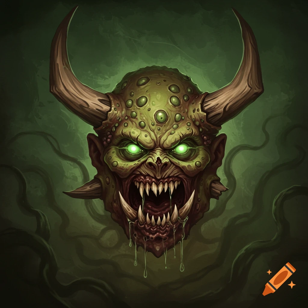 A grotesque, green-skinned demon head with large horns, glowing green eyes, sharp fangs, and pockmarks, dripping fluid, against a dark background.