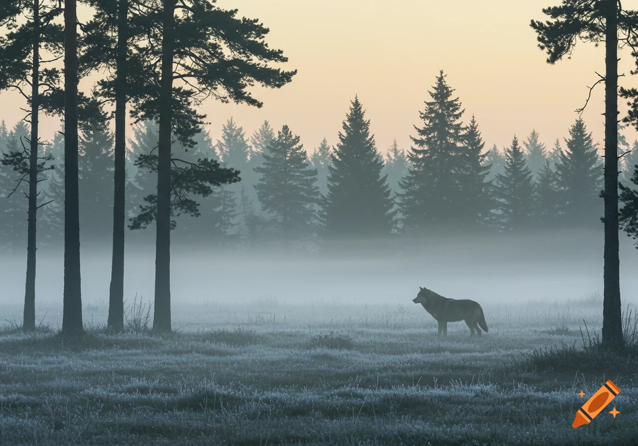 A lone wolf stands in a frosty, misty field surrounded by tall pine trees during sunrise or sunset.