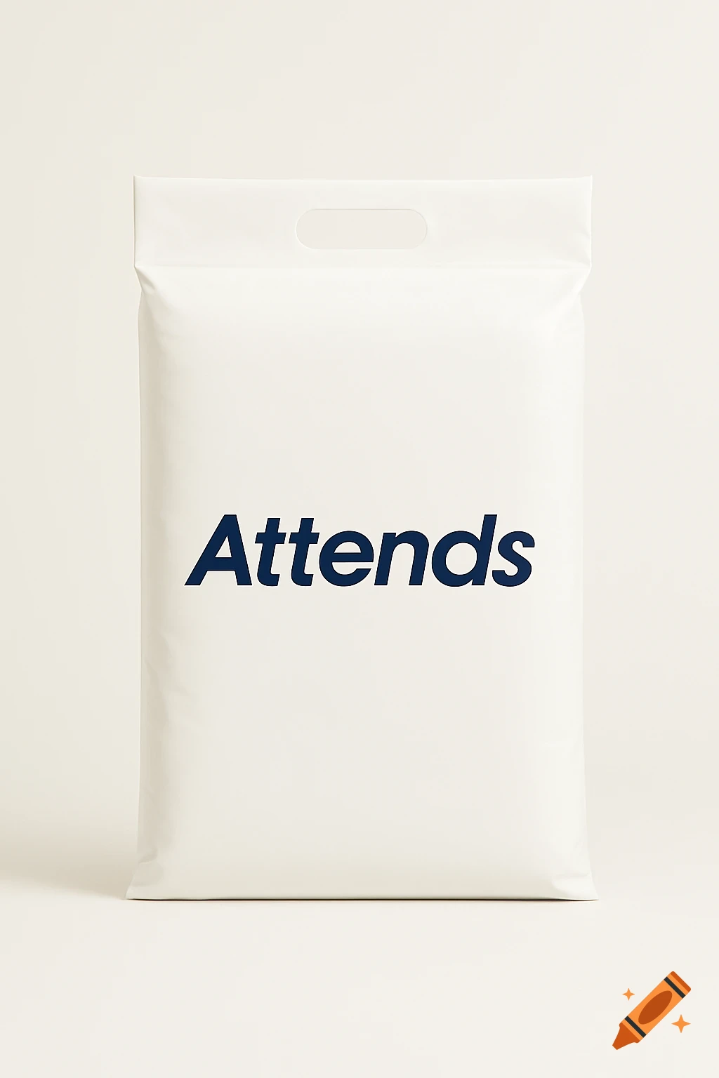 An upright white plastic package with a top handle, featuring the blue word 'Attends' on its front, set against an off-white background.