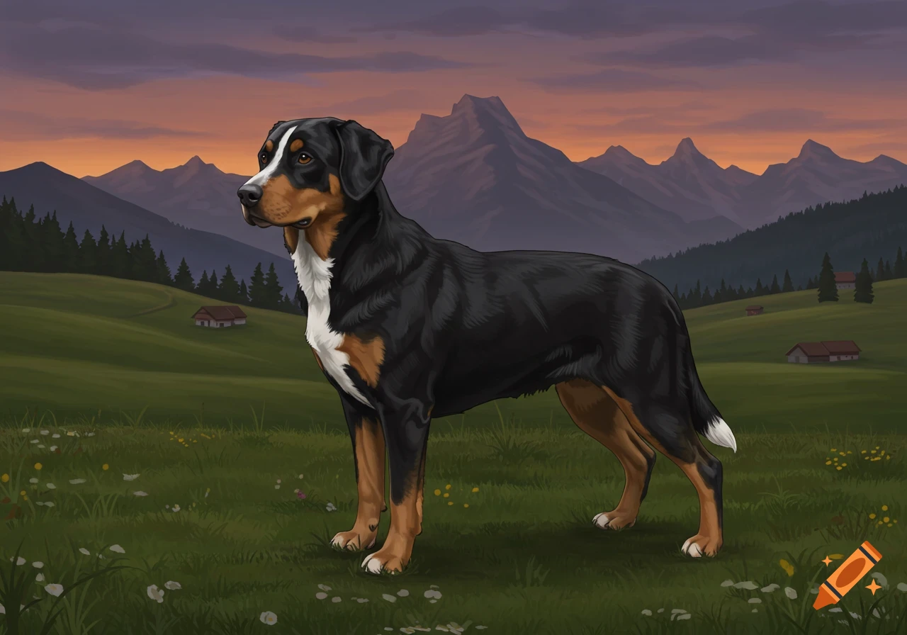 An illustrative image of an Appenzeller Sennenhund dog standing in a green mountain meadow at sunset.