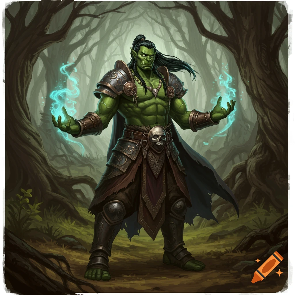 Muscular green half-orc in ornate armor stands in a misty forest, hands glowing with blue magic, digital painting style.