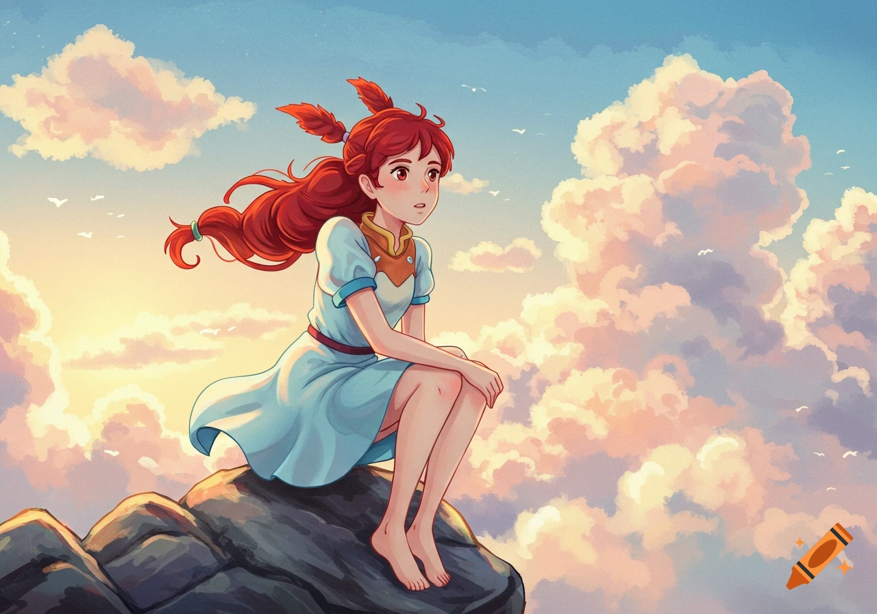 A red-haired anime girl in a light blue dress sits on rocks, gazing at a vast cloudy sky at sunset.