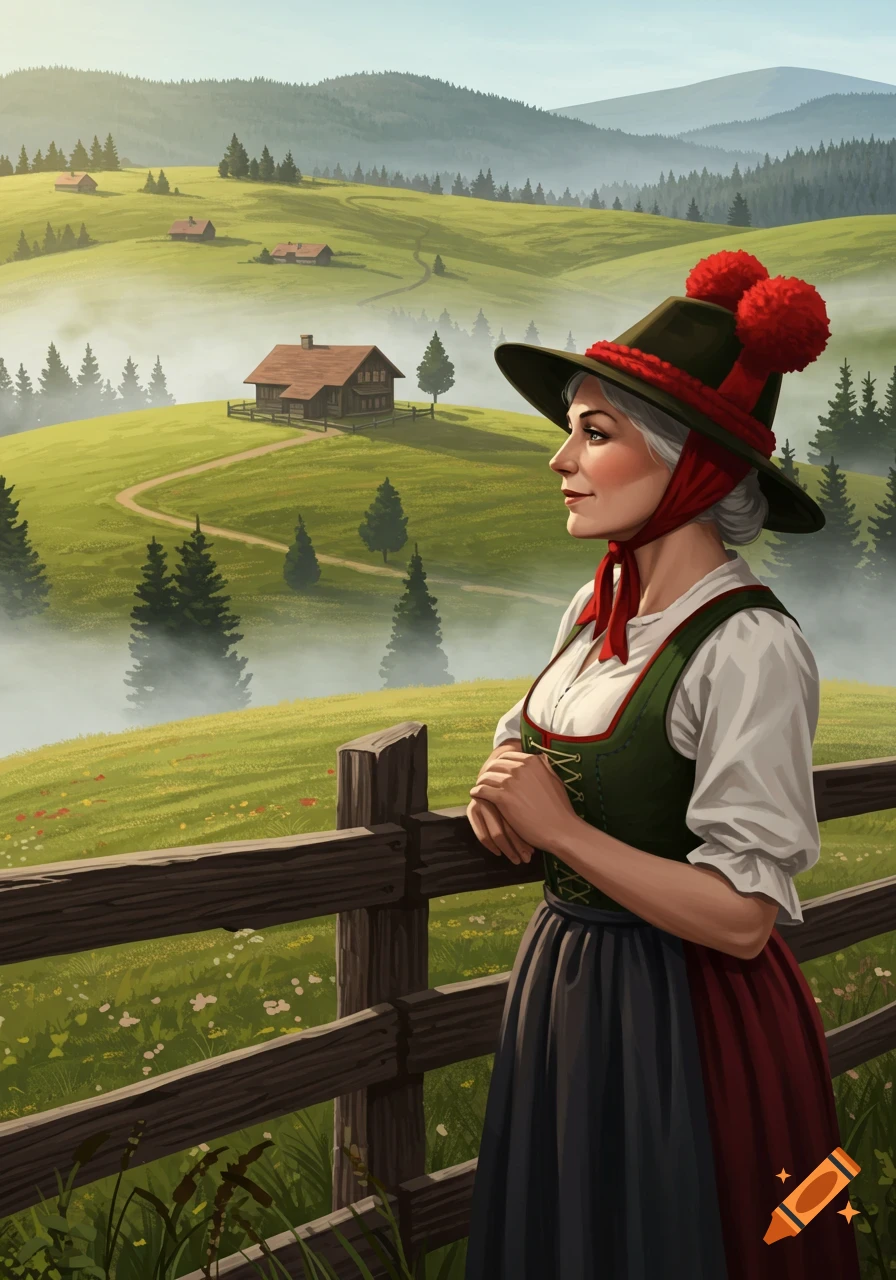 A woman in a traditional dark green hat with red pom-poms and a dirndl stands by a fence, looking at a misty green mountain landscape.