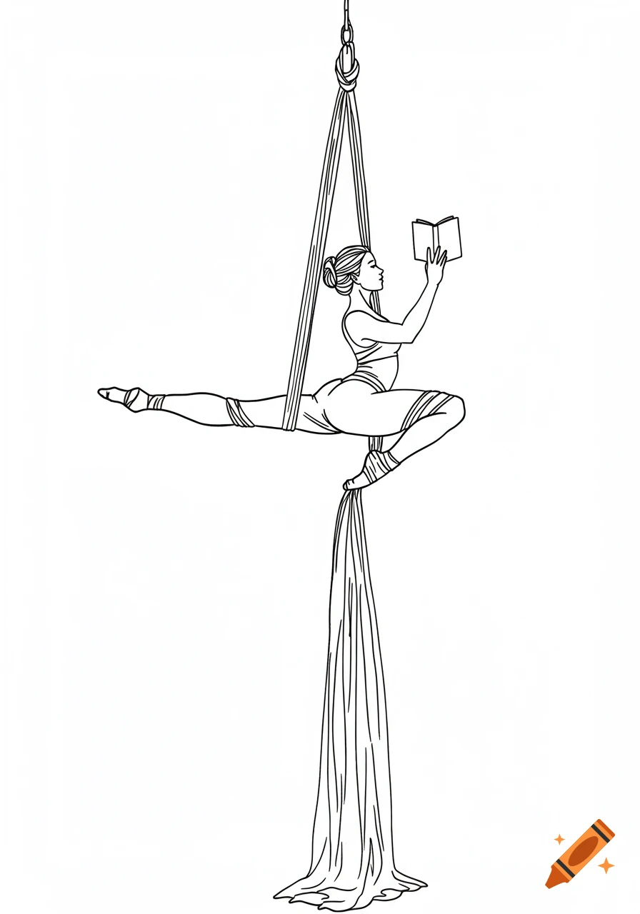 Minimalist line drawing of an aerialist suspended on silks in a split, reading a book.