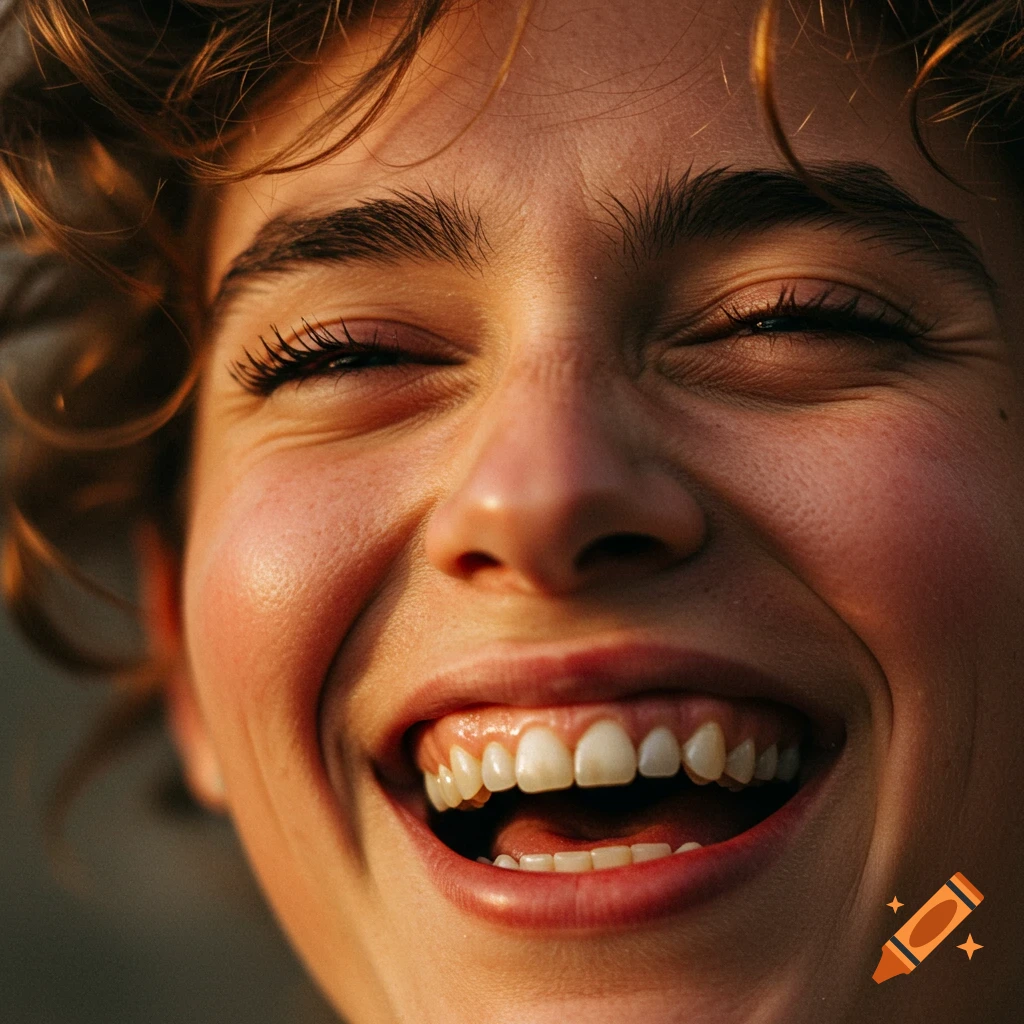 Close-up photorealistic portrait of a person laughing joyfully with closed eyes, illuminated by warm golden light.