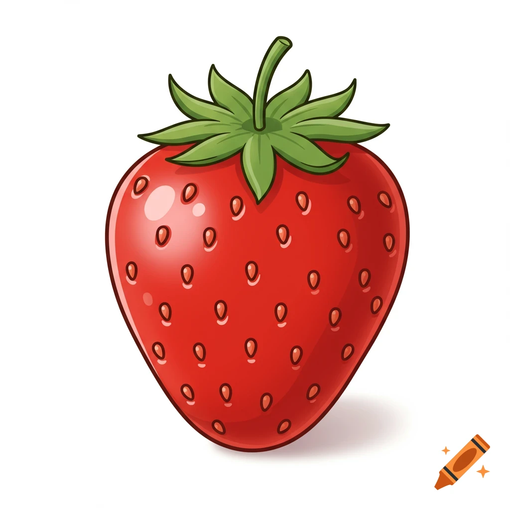 A simple vector illustration of a ripe red strawberry with green leaves on a white background.