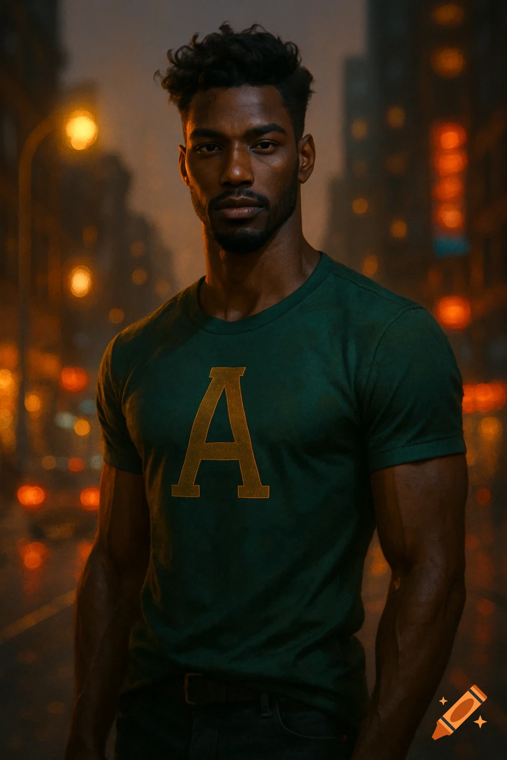 A dark-skinned man in a green shirt with a golden 'A' stands on a city street at night, with blurred lights in the background.