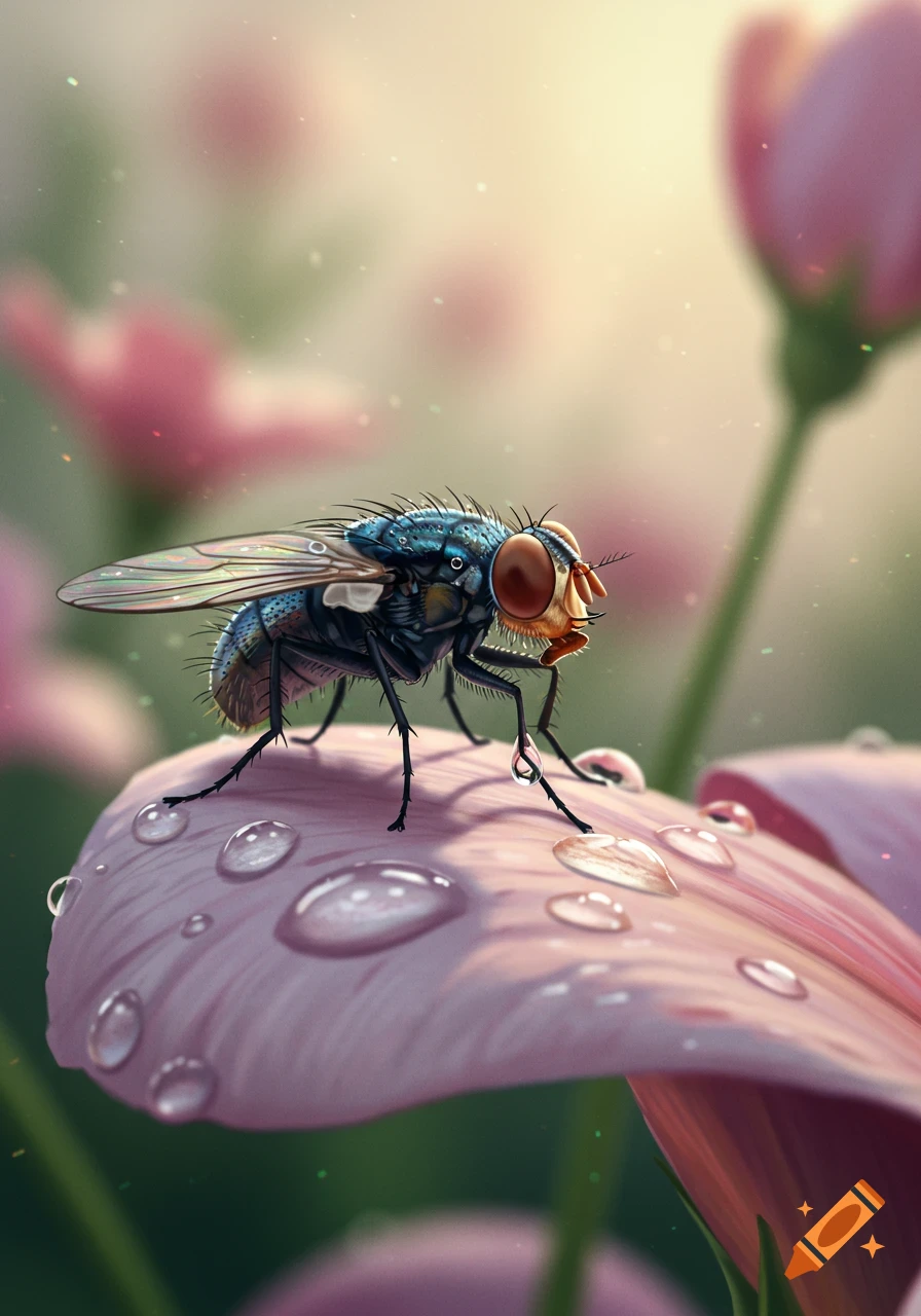 Photorealistic macro shot of a blue-green fly with red eyes on a pink flower petal covered in dewdrops.