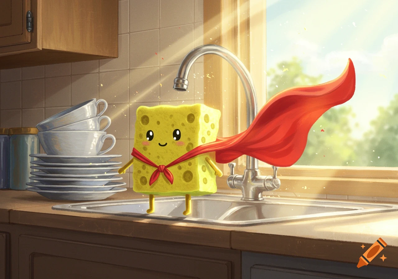 A cute cartoon sponge in a red cape stands in a kitchen sink with stacked dishes nearby, bathed in sunlight from a window.