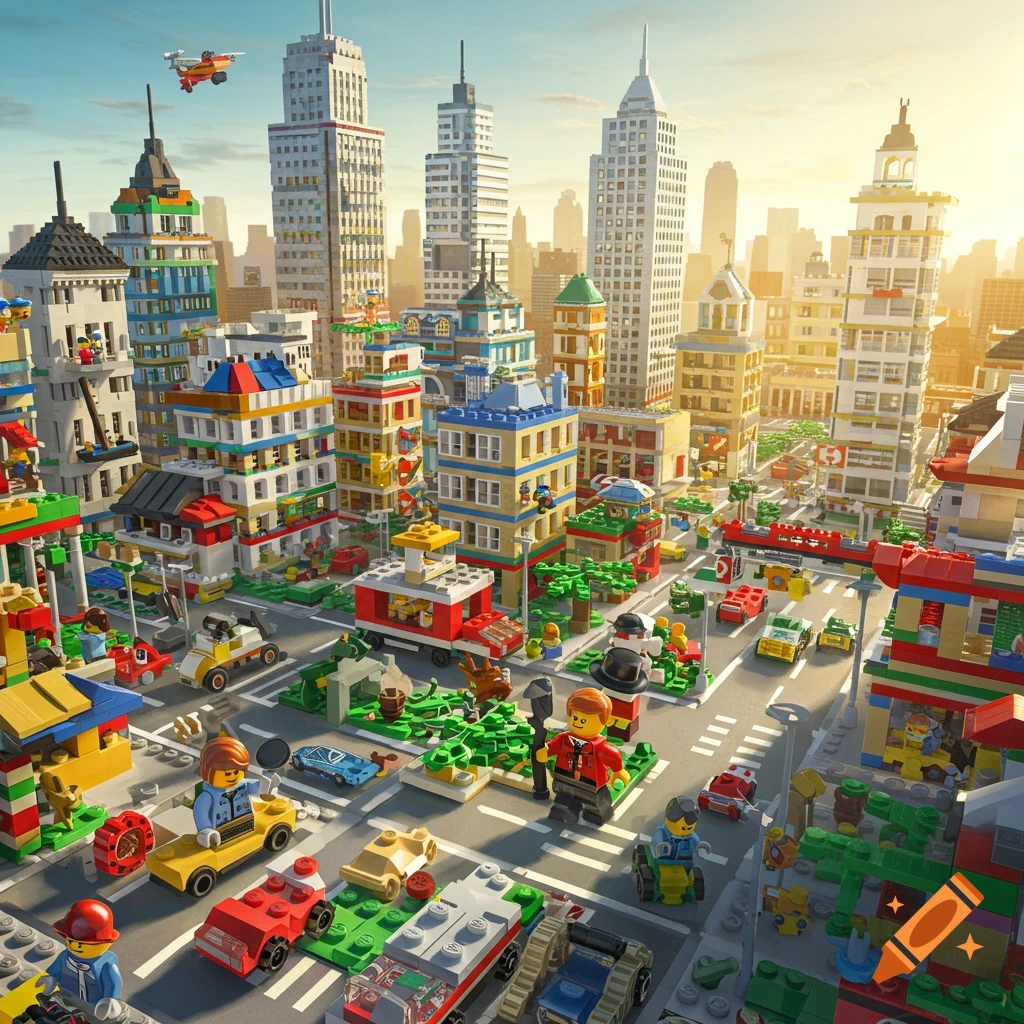 A detailed, vibrant Lego city with buildings, vehicles, and minifigures, under a bright sky, rendered in Lego style.