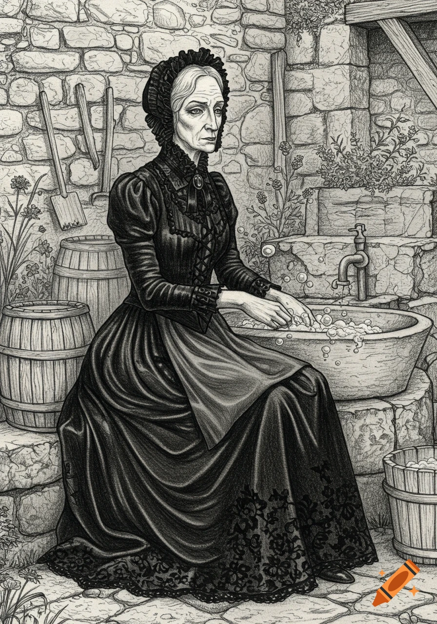 A monochromatic drawing of an elderly woman in a bonnet and long dress washing clothes in an old stone basin in a village setting.