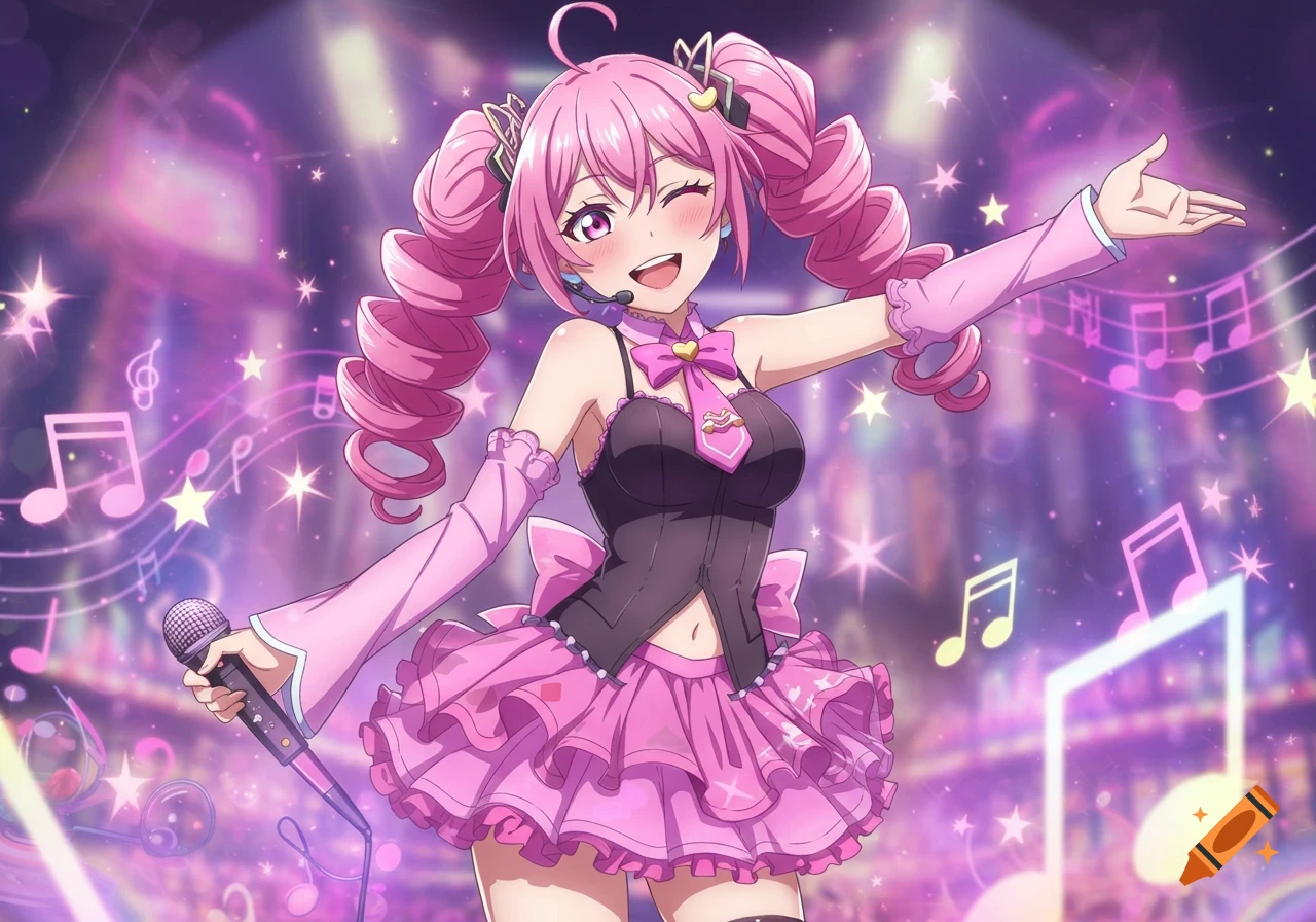 An anime idol with pink pigtails, a black corset, and a pink frilly skirt winks and sings into a microphone on a sparkling purple stage with musical notes.