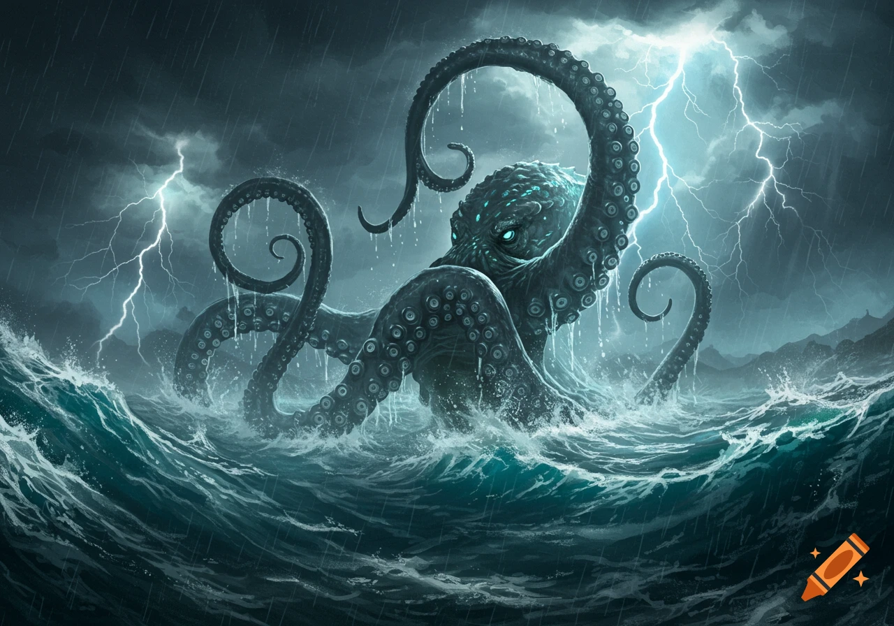 A giant kraken with glowing eyes rises from a stormy, dark ocean as lightning strikes.
