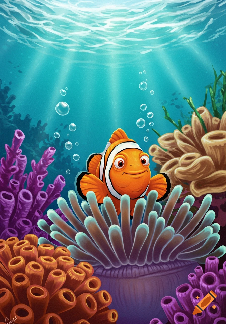 A happy cartoon clownfish peeking out from a blue sea anemone in a vibrant coral reef, with other corals and bubbles around.
