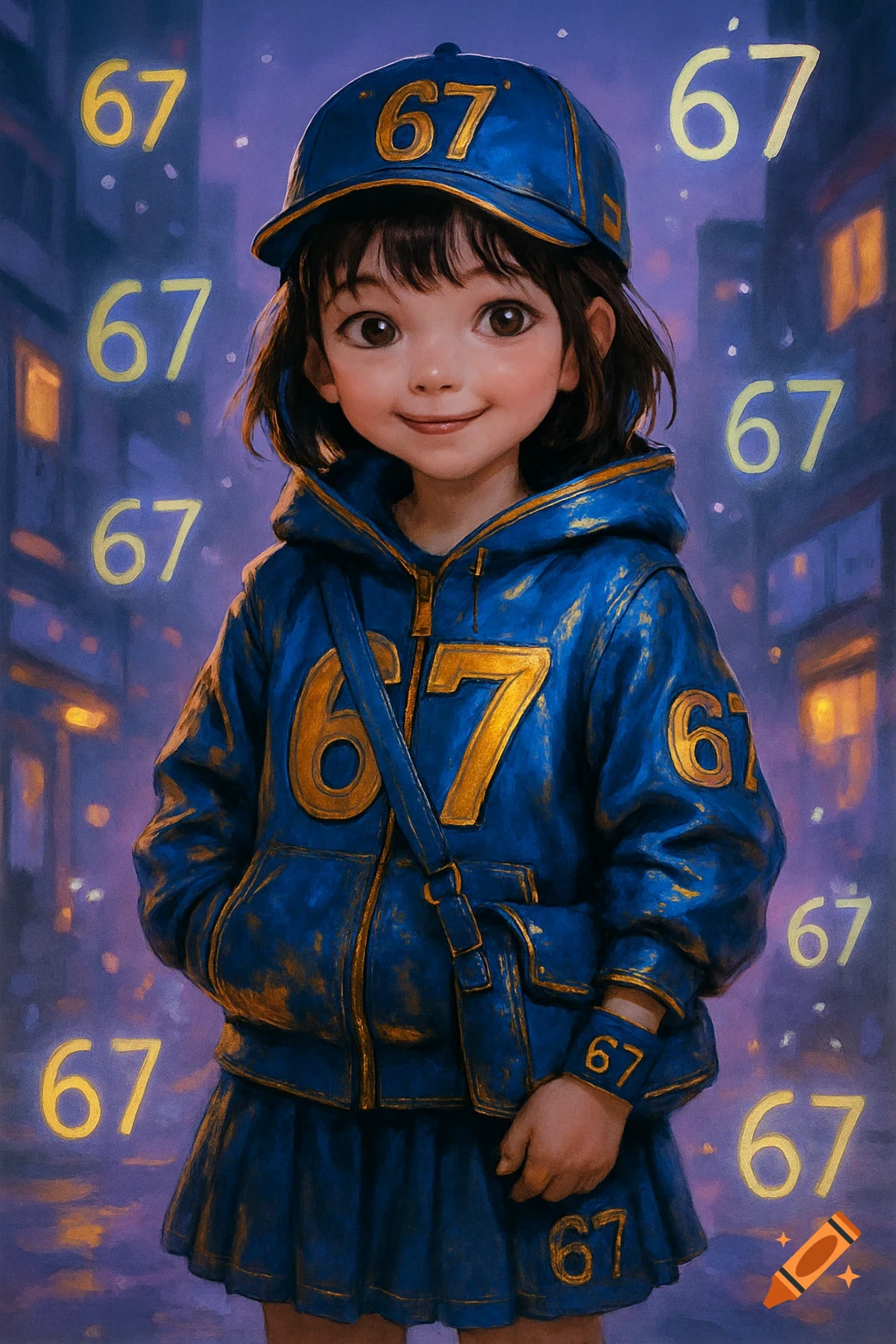 A stylized illustration of a young girl in a blue hoodie, skirt, and baseball cap, all featuring the number 67, standing in a blurred cityscape.