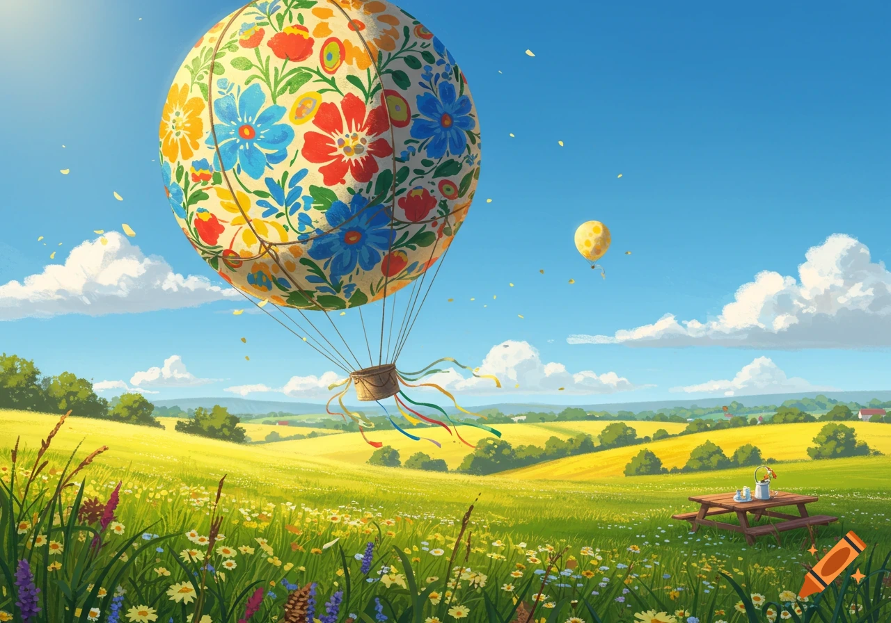 A large hot air balloon with colorful floral patterns floats over a vibrant green and yellow field with wildflowers and a picnic table under a blue sky.