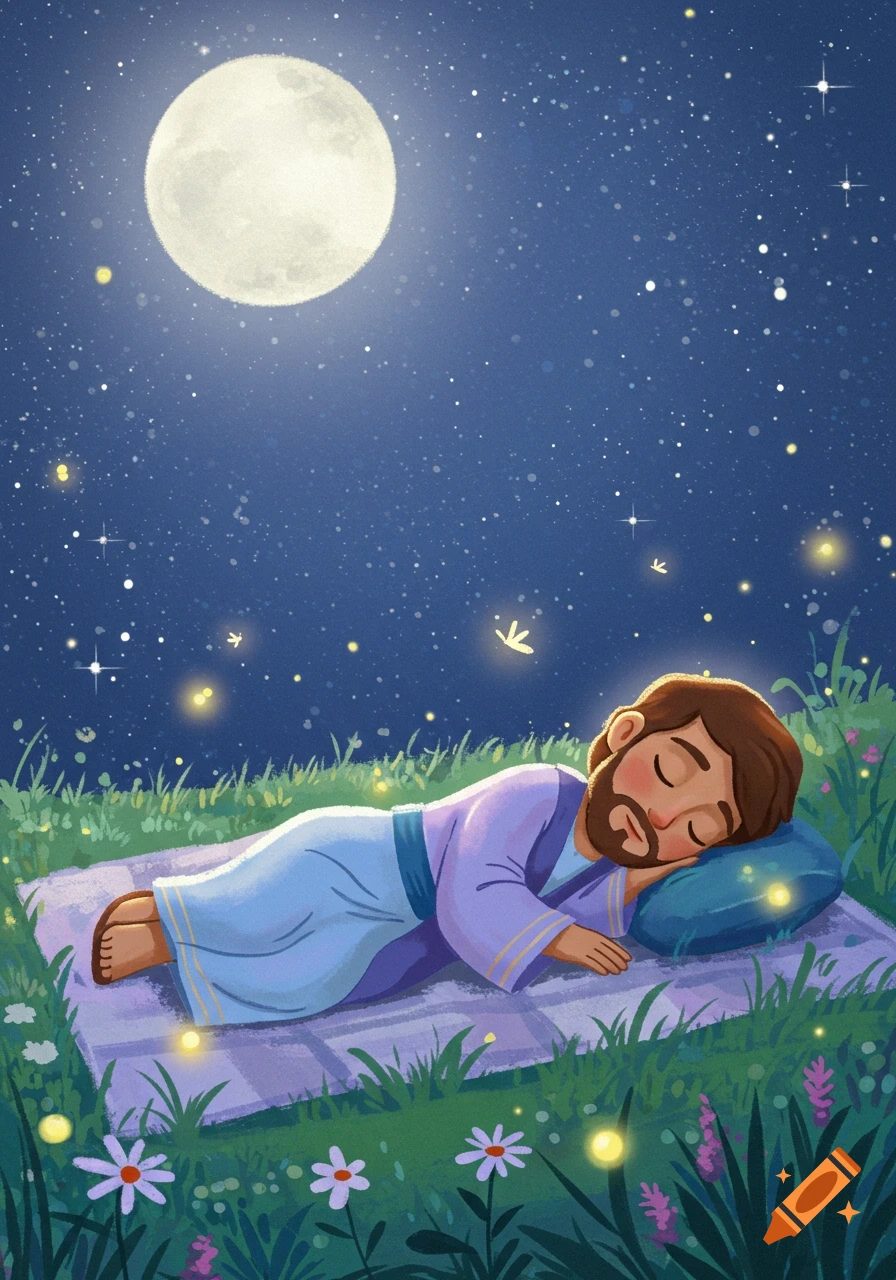 A cartoon man with a beard sleeps peacefully on a blanket under a huge full moon and starry night sky, surrounded by grass, flowers, and glowing fireflies.