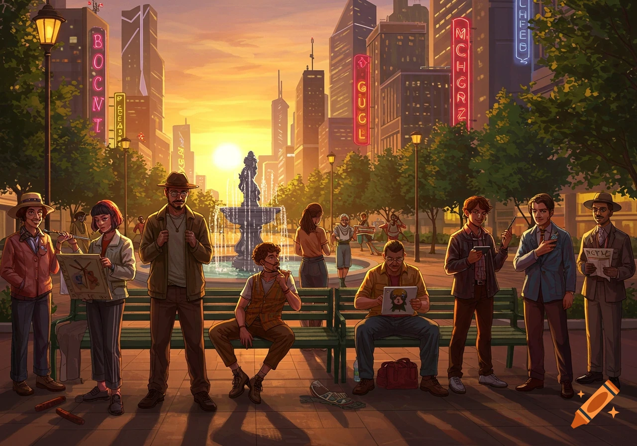 Illustration of diverse people in a bustling city park during sunset, with neon signs on skyscrapers in the background.