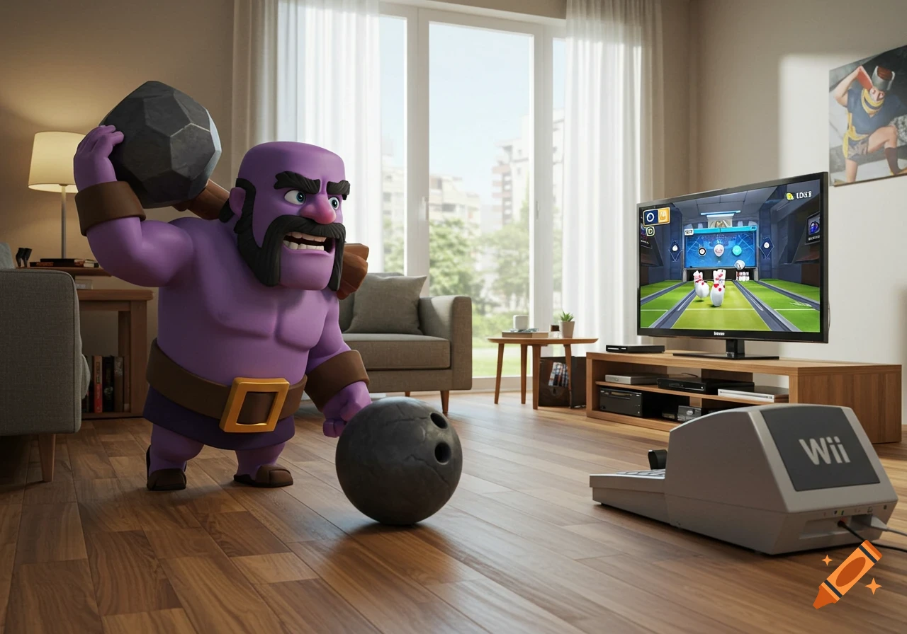 A 3D render of a purple Clash Royale Bowler character holding a rock, playing Wii bowling in a living room with a TV.
