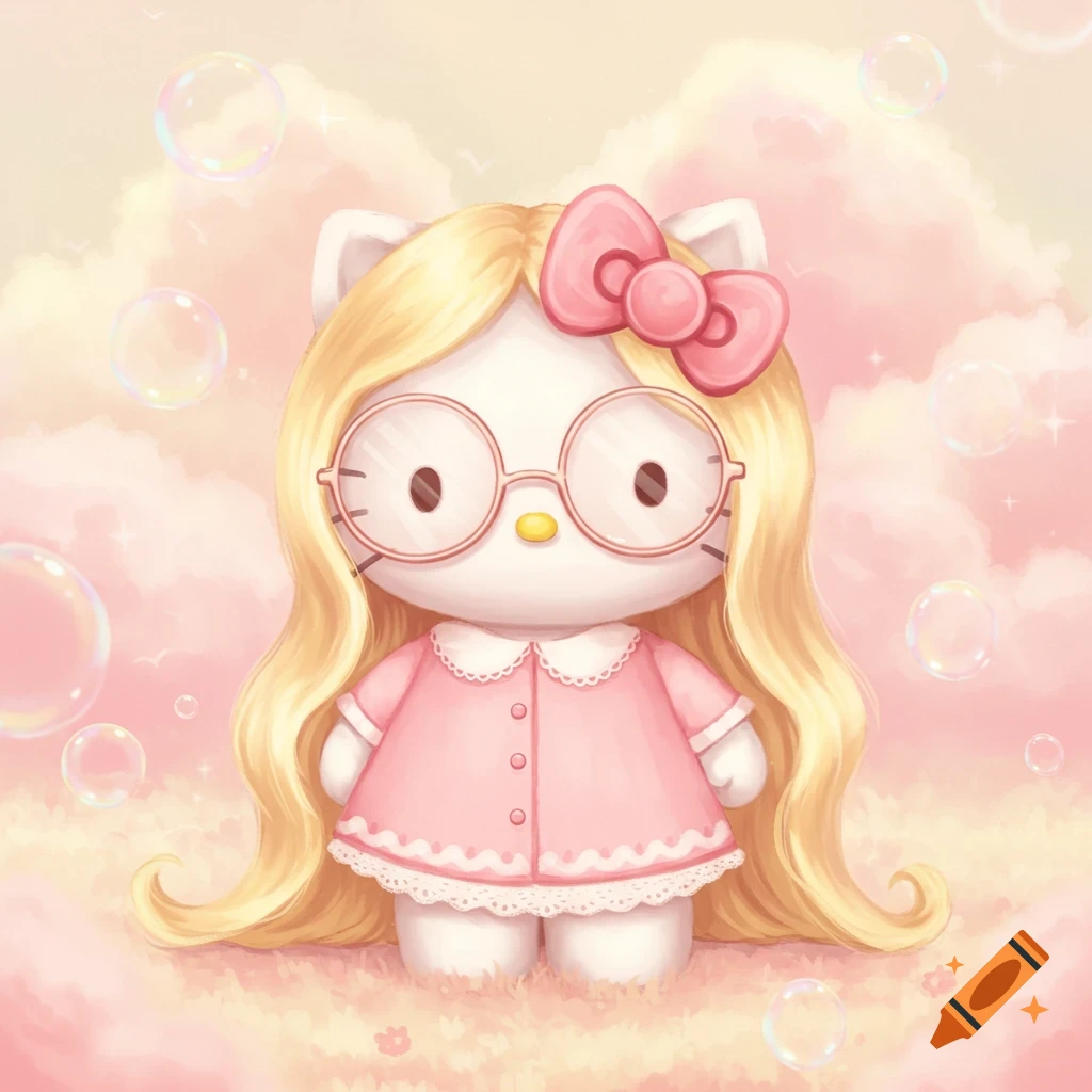 Watercolor illustration of Hello Kitty with long blonde hair and round glasses, wearing a pink dress, surrounded by bubbles.