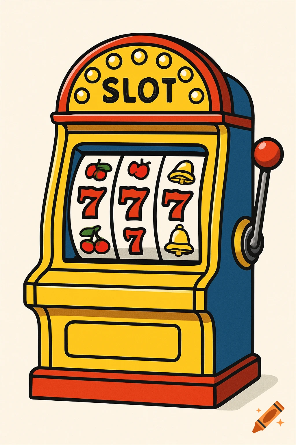 A colorful clip art style illustration of a yellow and blue slot machine with red accents. The reels show three sevens and various fruit and bell symbols, while 'SLOT' is written on the top panel.