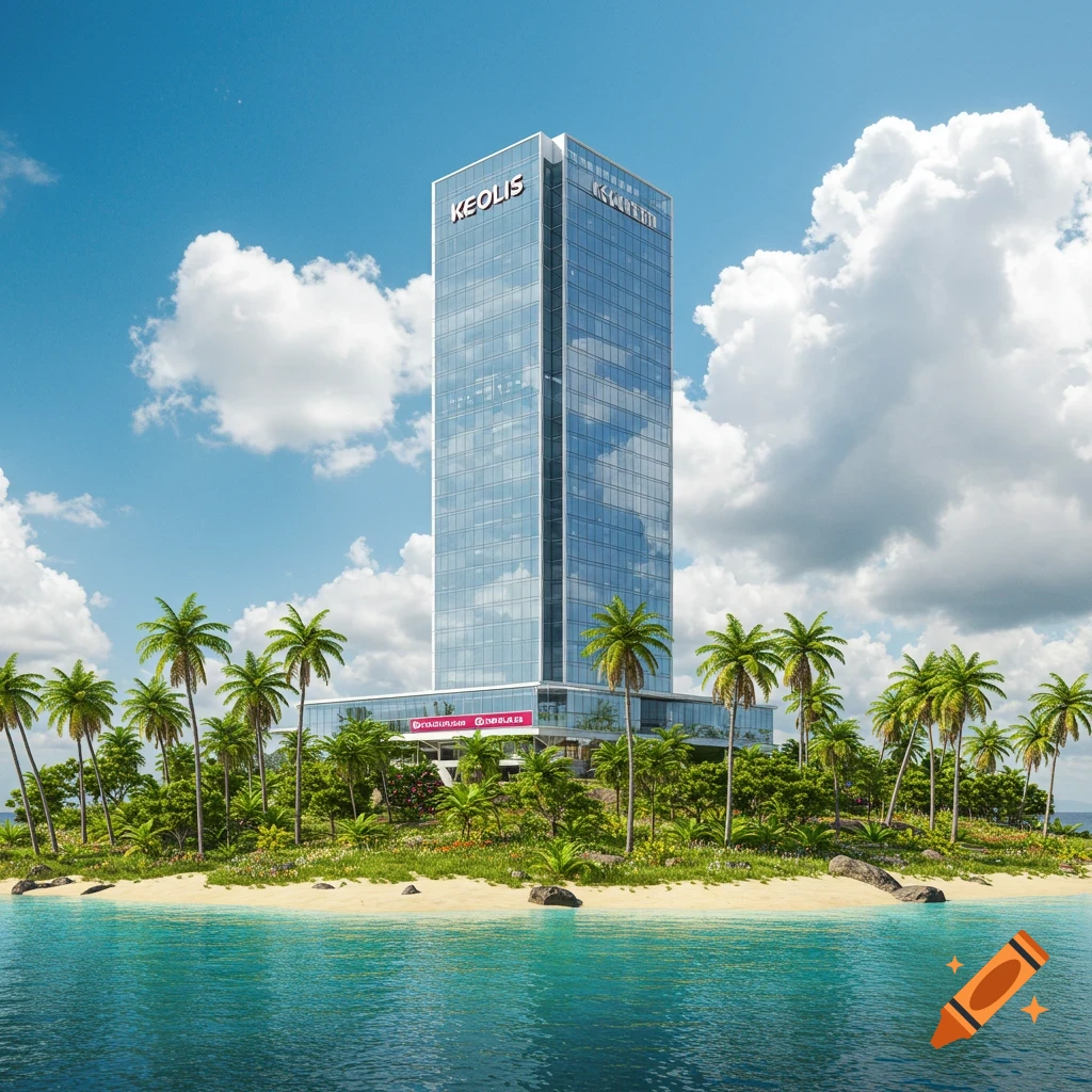 A modern glass skyscraper with "KEOLIS" on its facade stands on a tropical island with palm trees, surrounded by blue water under a cloudy sky.