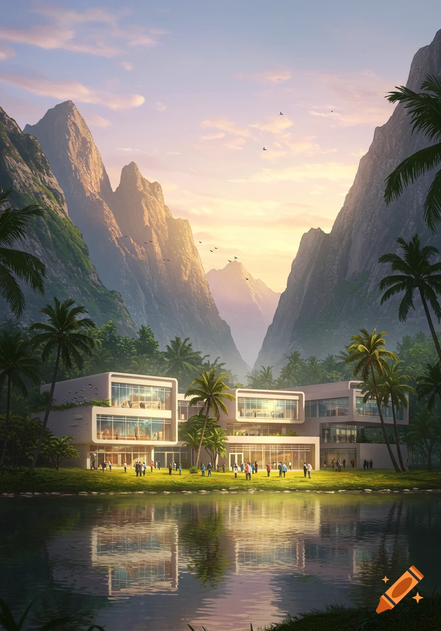 A modern building by a lake, surrounded by lush palm trees and towering mountains under a golden sunset sky. Digital art.