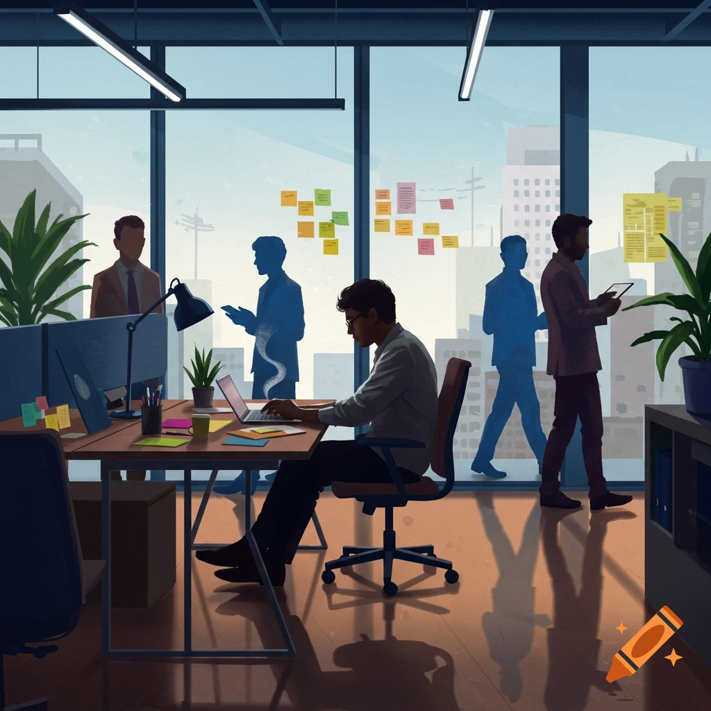 A stylized illustration of people working in a modern office with large windows overlooking a city, with one man actively typing on a laptop.