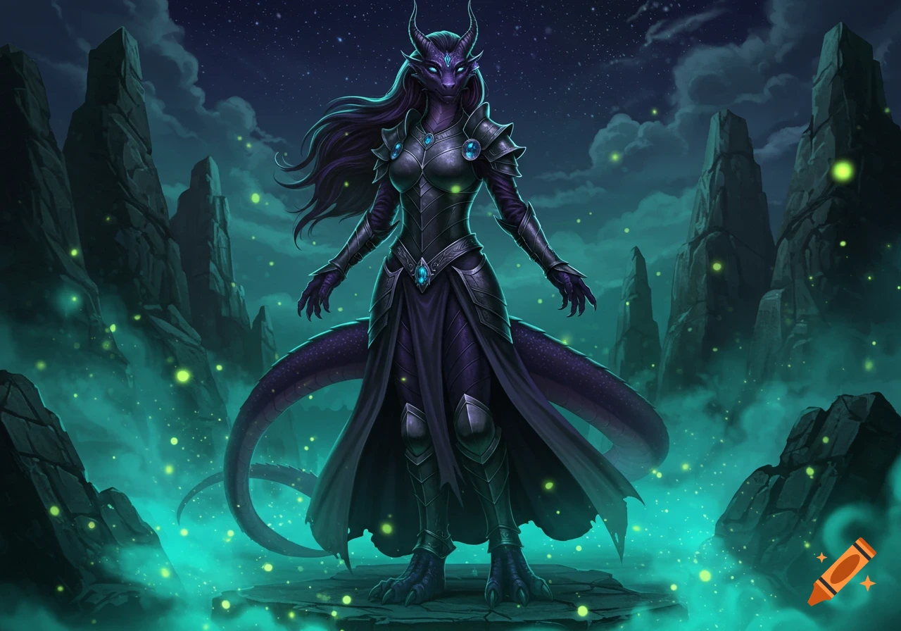 An anthropomorphic female dragon with dark purple scales and long flowing hair wears dark armor and robes, standing in a mystical landscape with glowing green mist and jagged rocks under a starry night sky.
