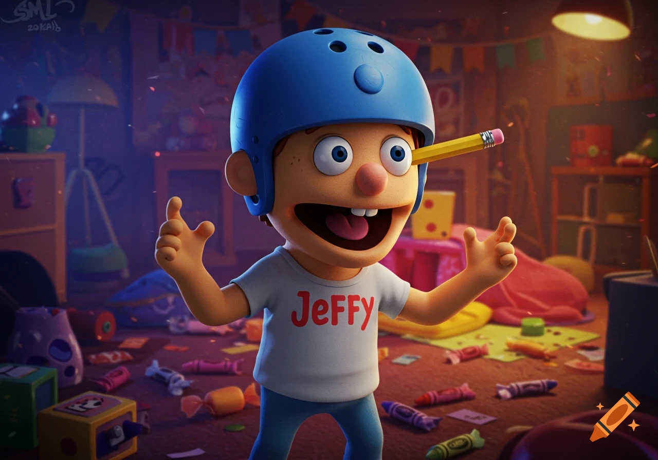 A 3D render of Jeffy, a cartoon boy in a blue helmet with a pencil through his head and a shirt that says 'Jeffy', in a cluttered room.