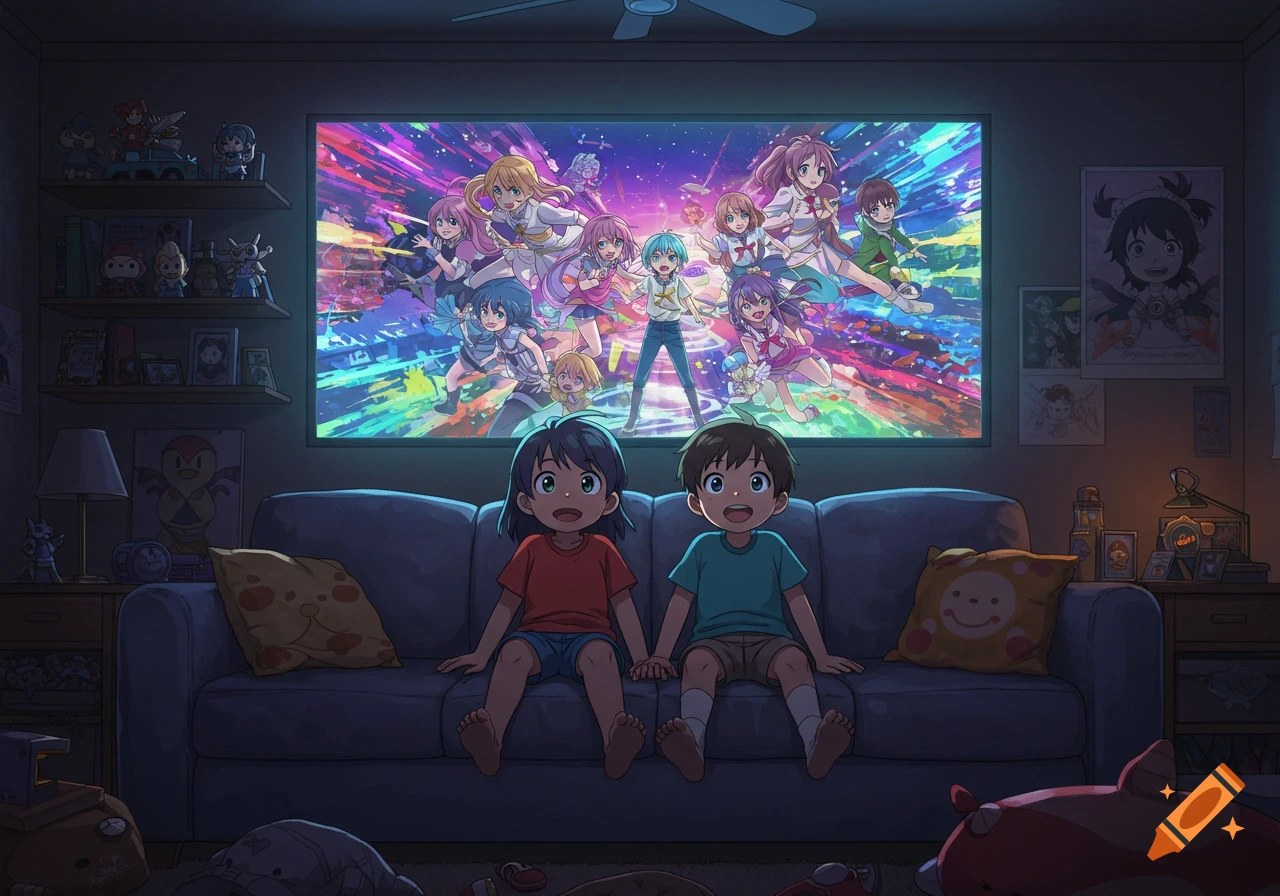 Two animated children sit on a couch in a dark room, watching a vibrant anime show on a large screen.