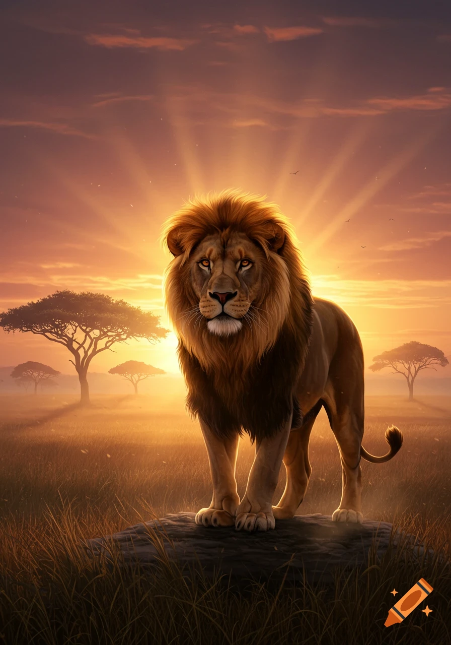 A majestic lion stands on a rock in a savanna at sunset, with golden light radiating from behind it and acacia trees in the distance.