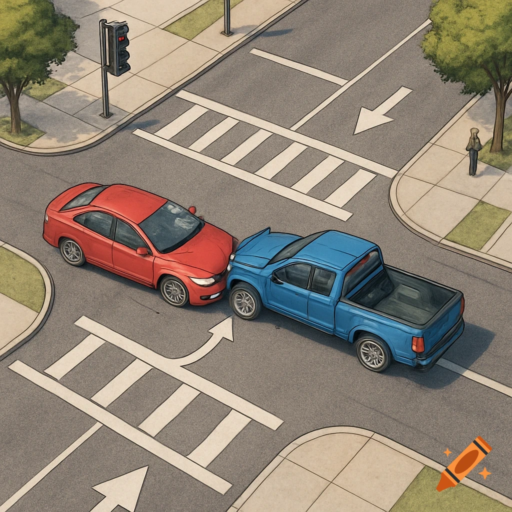 An aerial view illustration of a car accident between a red sedan and a blue pickup truck at an intersection.