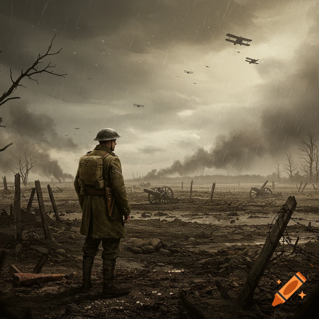 A lone World War I soldier stands in a muddy, devastated battlefield under a stormy sky with biplanes flying overhead.