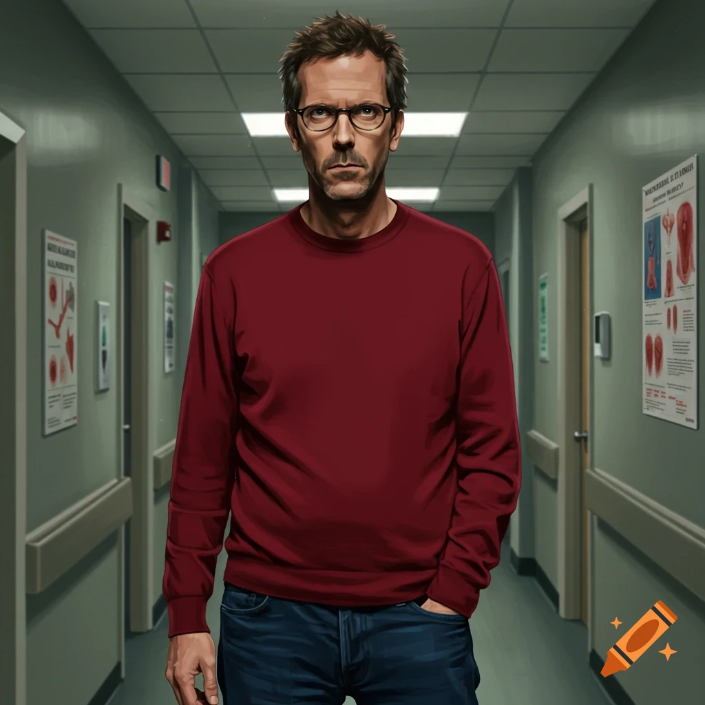 Digital painting of Dr. House (Hugh Laurie) standing seriously in a hospital hallway, wearing a red sweater, jeans, and round glasses.