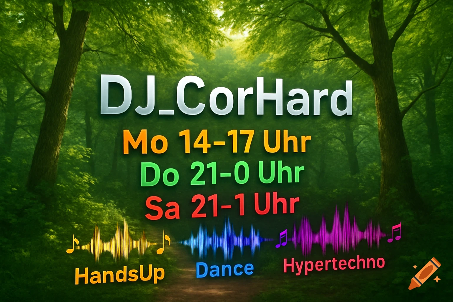 DJ CorHard schedule and music genres (HandsUp, Dance, Hypertechno) displayed in colorful text over a lush green forest background.