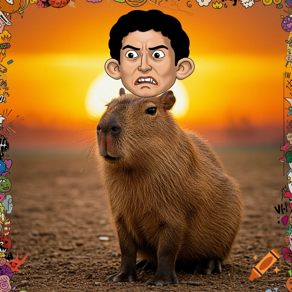 A capybara with a disgusted cartoon human head sits against an orange sunset, framed by colorful doodles.