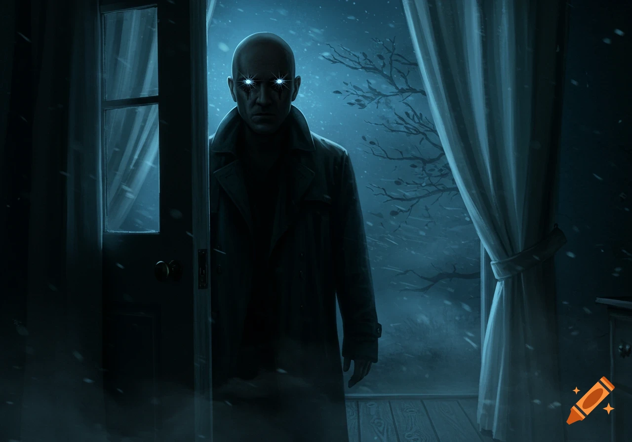 A scary bald man with glowing eyes in a trench coat peers from a snowy doorway into a dark room, dark fantasy digital art.