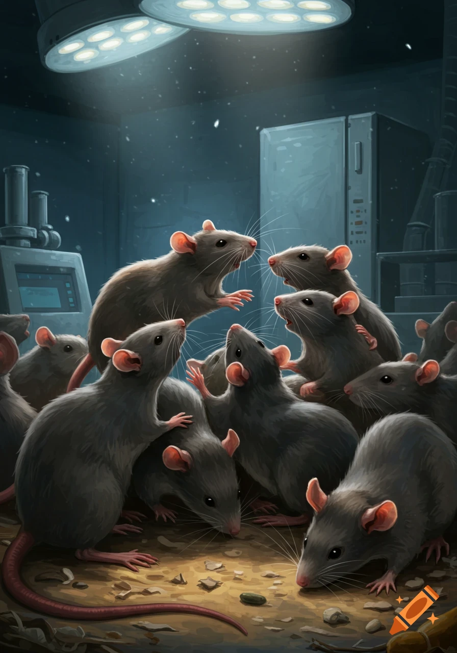 A group of rats interacting and foraging on the floor of a dimly lit laboratory under bright overhead lights.