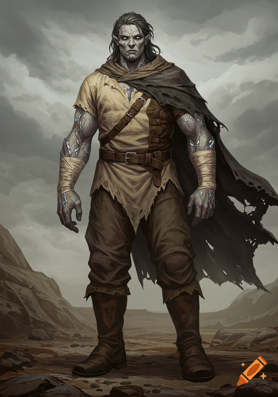 A tall, muscular, pale-skinned fantasy warrior with cracked skin and a tattered cloak stands in a barren land, digital art.