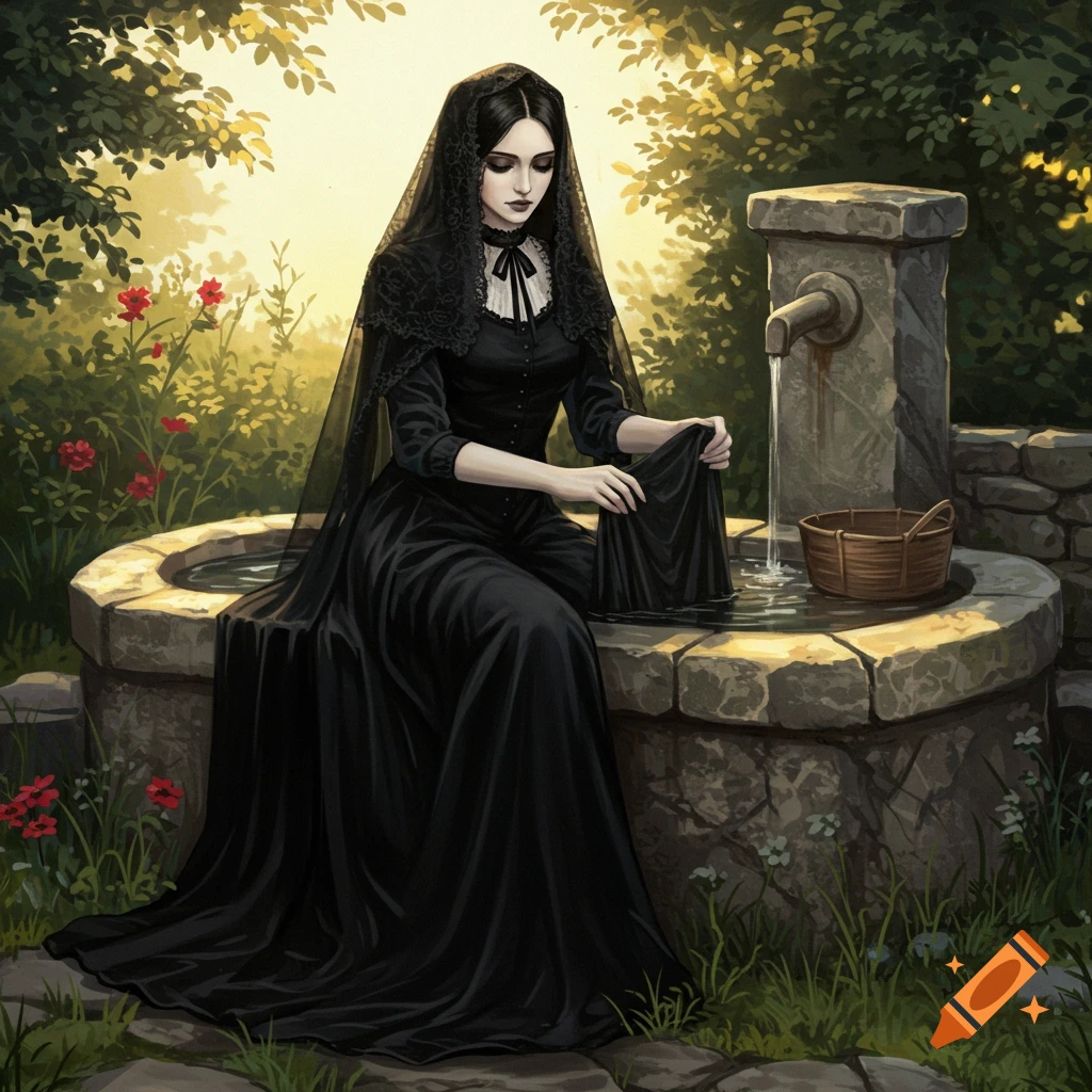 A woman in a black dress and veil washes clothes at an old stone well in a sunlit garden, artistic style.