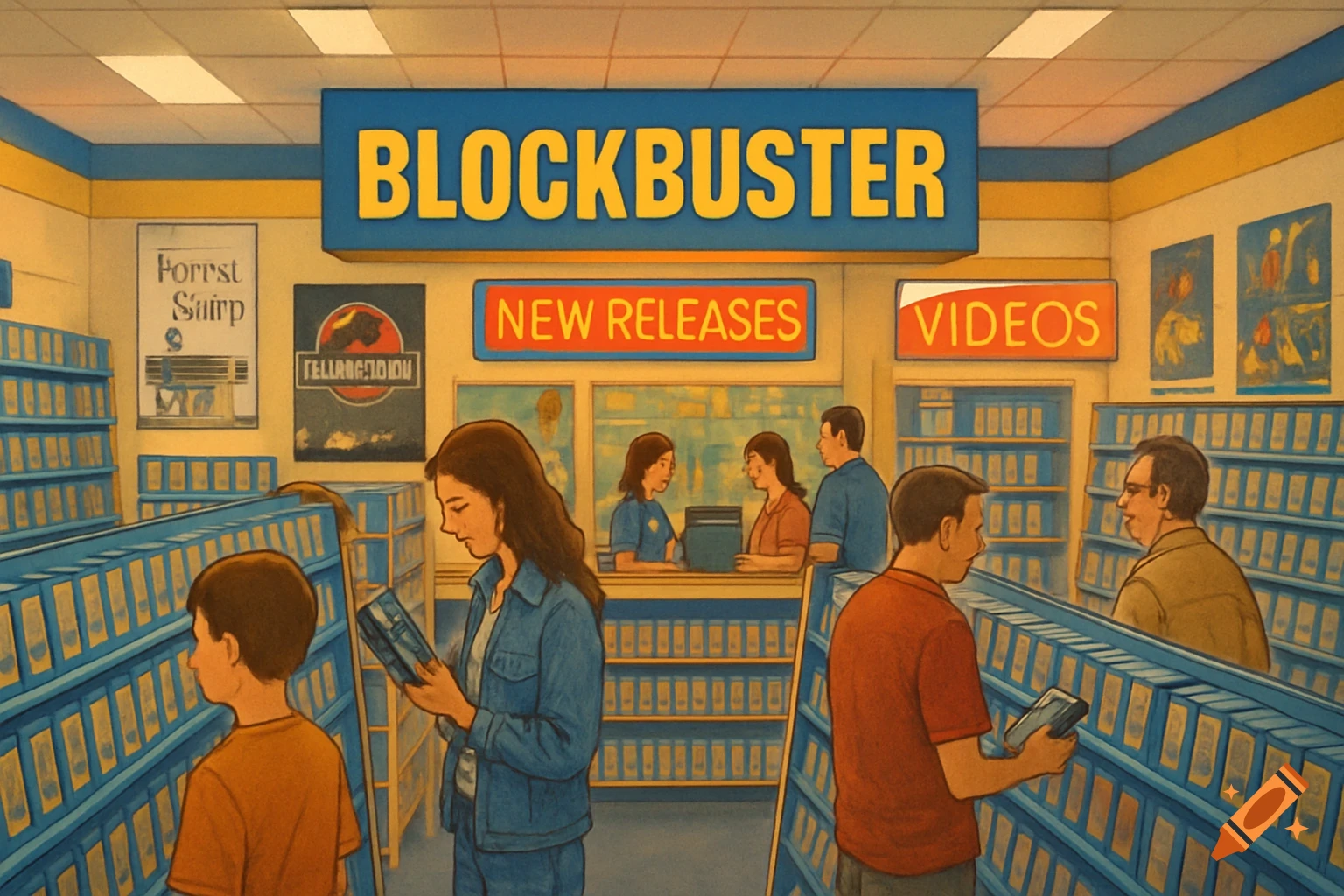 An illustration of people browsing DVDs and VHS tapes in a retro Blockbuster video store with blue and yellow branding.