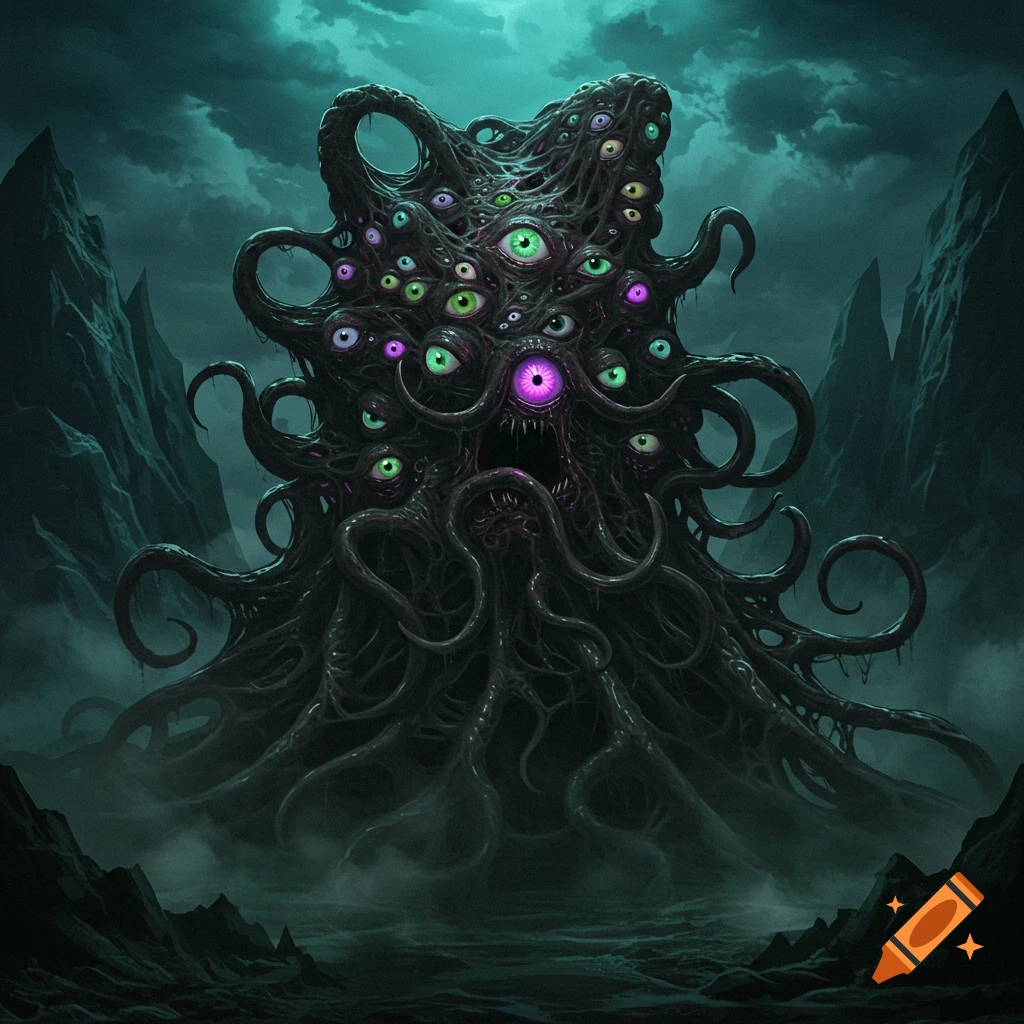 A dark, tentacled Eldritch horror monster with many glowing green and purple eyes emerges from mist in a dark, rocky landscape under a teal sky.