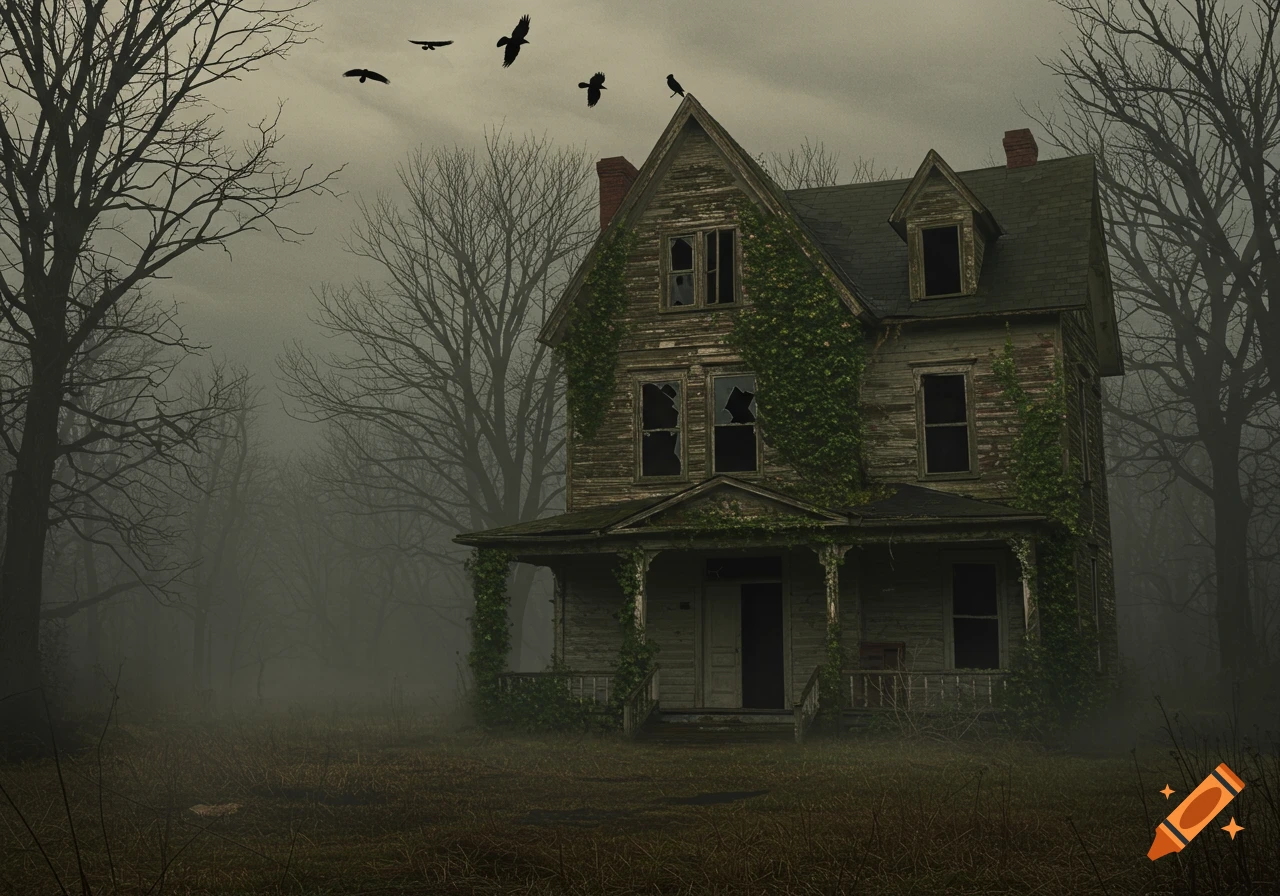 A dilapidated, ivy-covered abandoned wooden house with broken windows stands in a foggy field with bare trees under a gloomy sky. Crows fly overhead.