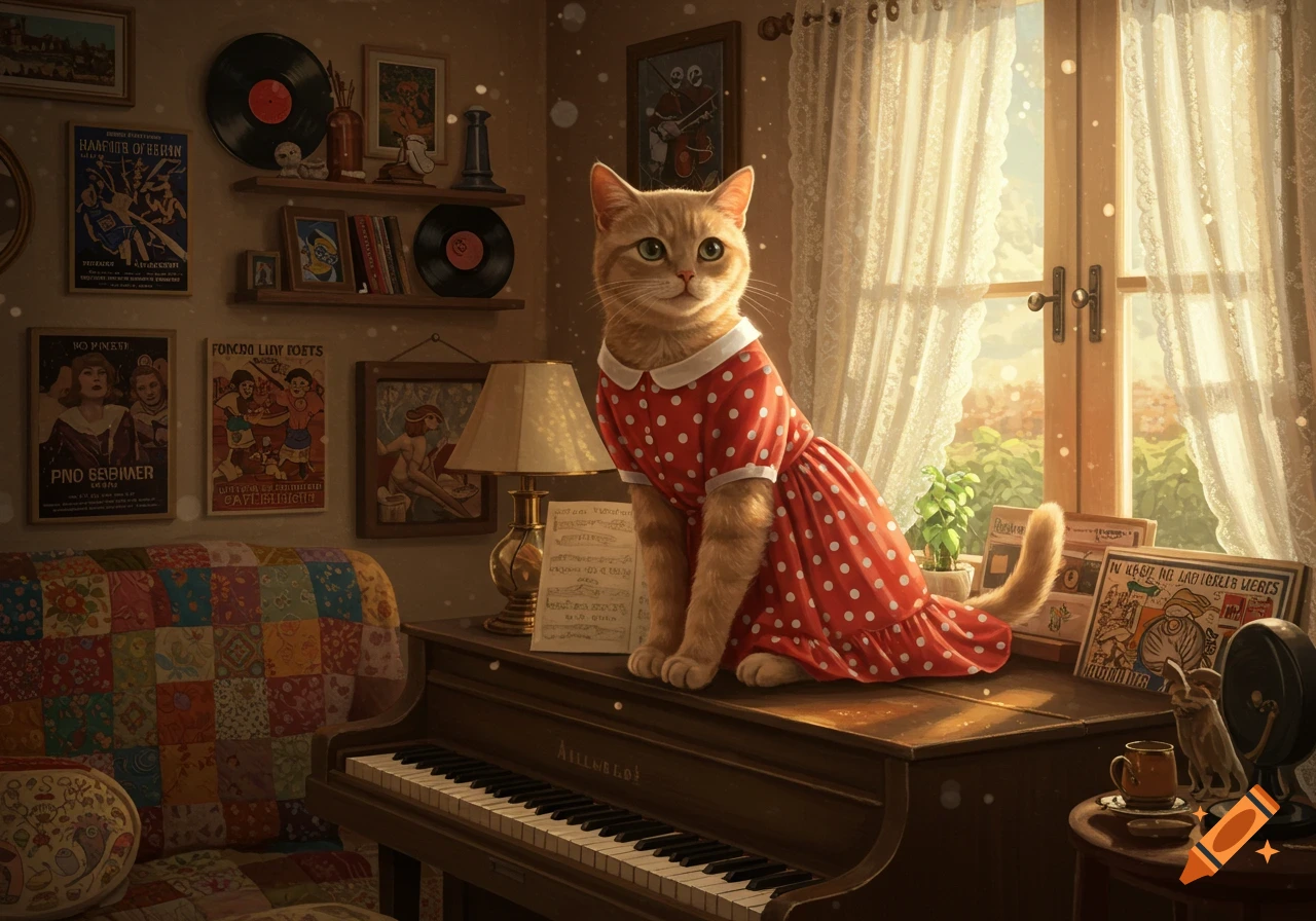 An orange cat in a red polka-dot dress sits on a piano in a cozy, sunlit room filled with vintage decor and posters.