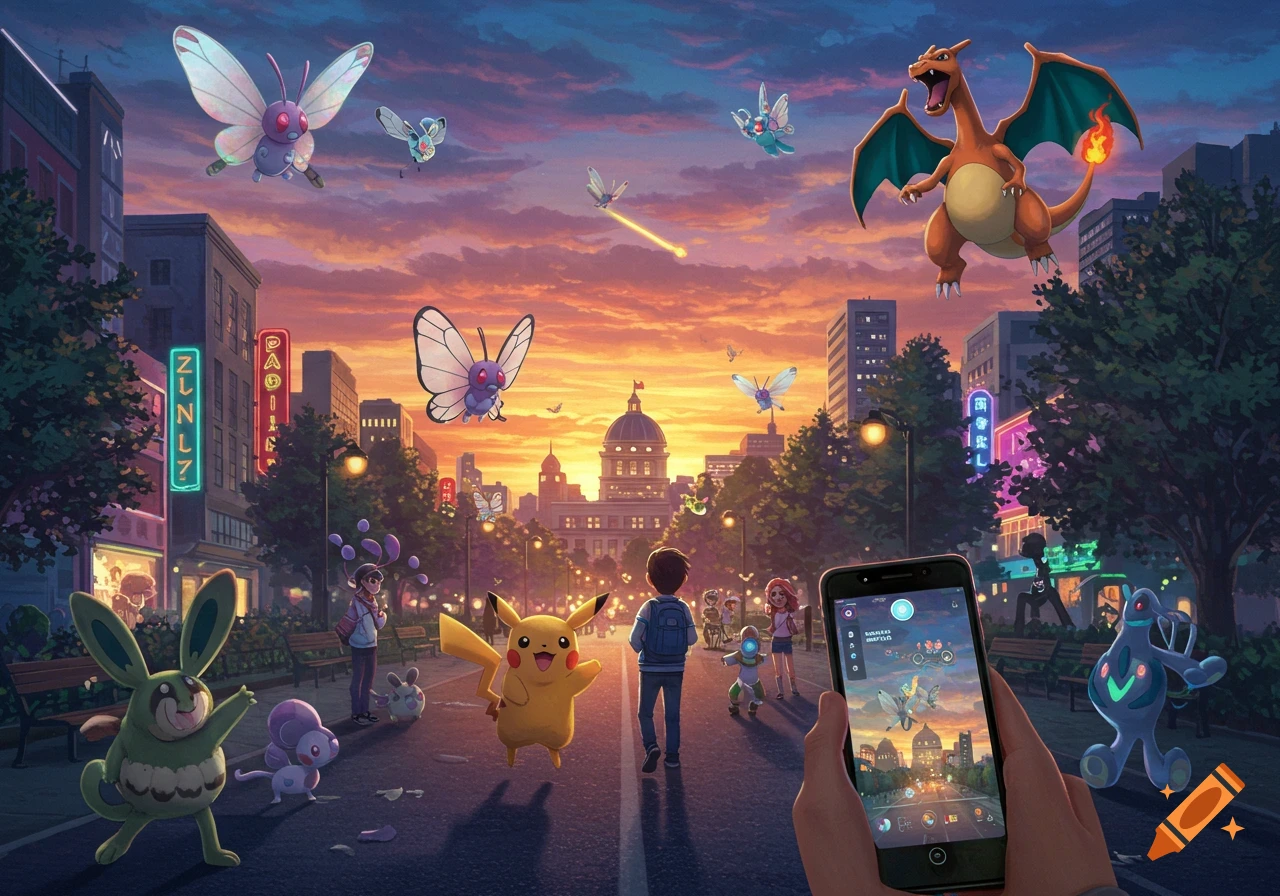 Vibrant animated scene of various Pokemon, including Pikachu and Charizard, scattered across a city street at sunset, with a person holding a phone displaying a game.