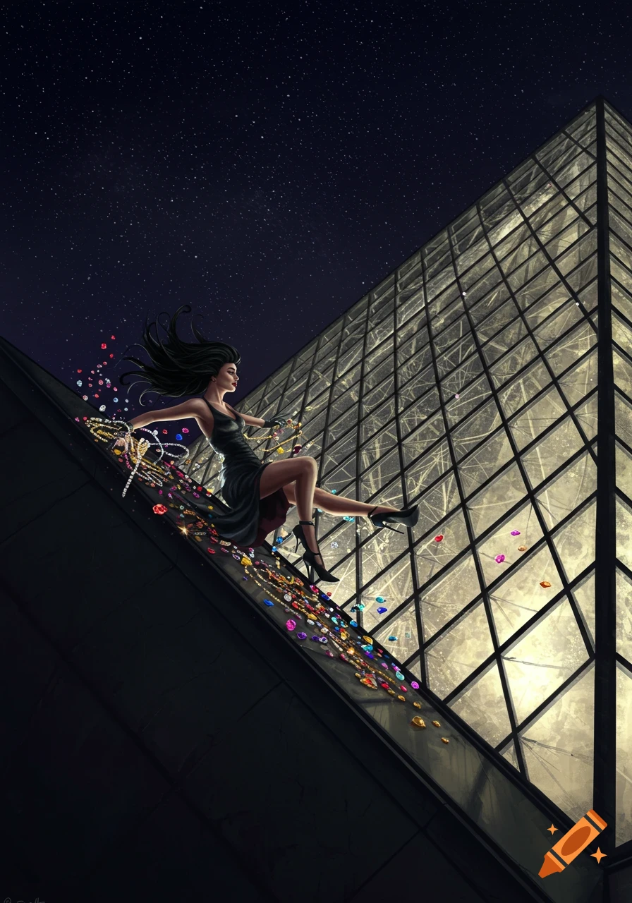A woman in a black dress slides down the Louvre pyramid, trailing jewels, under a starry night sky.