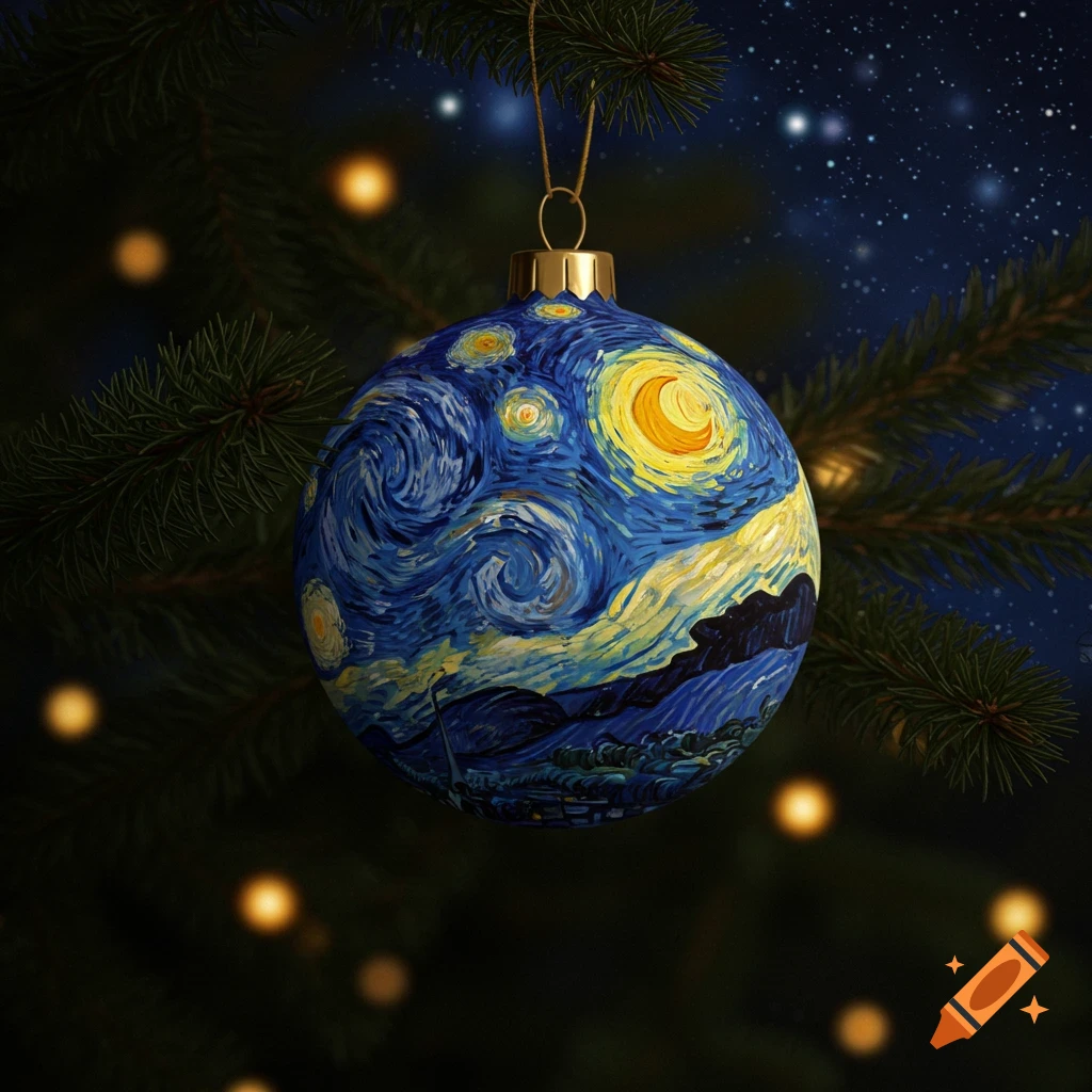 A round Christmas ornament featuring a painting in the style of Van Gogh's Starry Night, hanging on a pine branch.