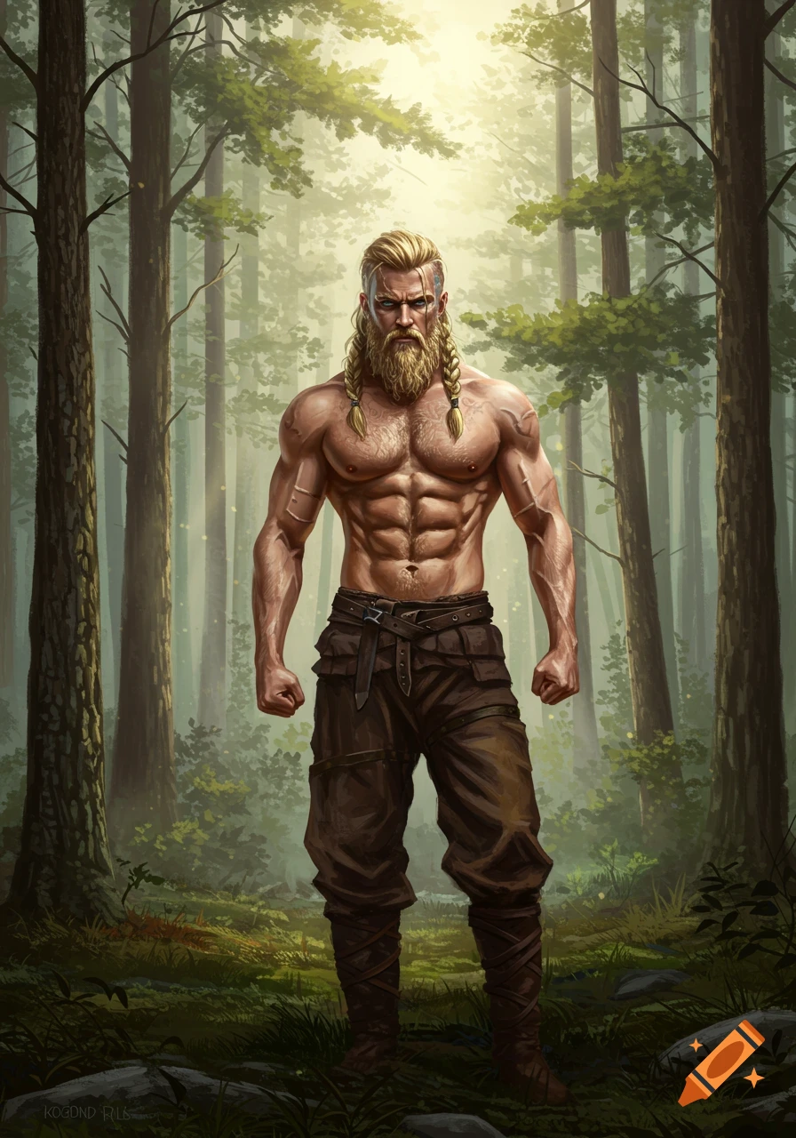 A muscular Viking man with braided blond hair and beard stands powerfully in a sunlit forest.